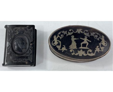 A 19th century white metal oval box, the hinged tortoiseshell lid inlaid with white metal dancing figures and foliage, length