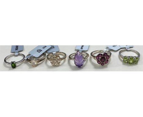 6 ladies sterling silver dress rings:- 1 x Snowflake; 1 x set fancy Bahia Amethyst in the form of a leaf (3.57 carat) with wh