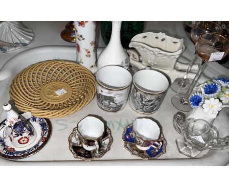 Two miniature Augustus Rex cabinet cups and saucers; a Royal Worcester candle snuffer and stand; miniature and decorative chi