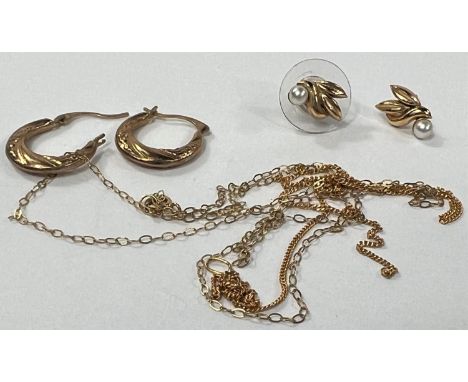 A yellow metal pair of earrings, stamped '375'; a pair of pearl set earrings; a fine chain stamped '9K'; an unmarked fine cha