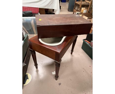 A 19th century mahogany bidet stool with matched ceramic liner; a similar stool (no liner or cover) 
