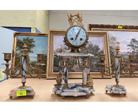 A 19th French gilt and marble clock garniture with swag leaf and laurel decoration, with white enamel dia and Arabic numerals