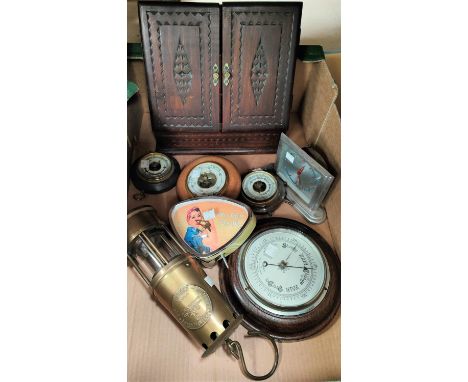3 wall hanging barometers; an Art Deco clock; a slope front wooden correspondence box; miner's lamp etc 