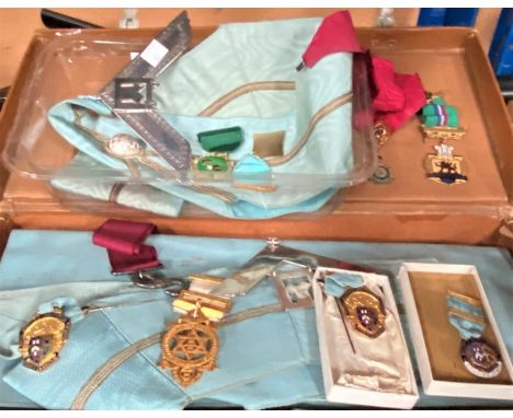 A Masonic apron and sash in rexine case with EPNS mounts; various enamelled badges 