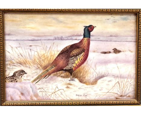 A Royal&nbsp;Worcester hand painted ceramic plaque decorated with pheasant in the snow, signed Bryan Cox, 11 x 16.5cm, gilt f