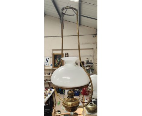 A Victorian brass ceiling hanging centre light/lamp with opaque glass shade 