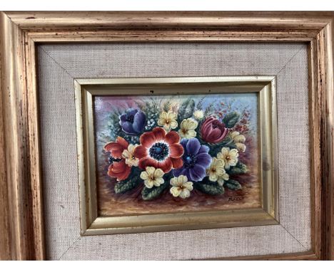 Two limited edition framed hand painted enamel plaques of flowers signed Reed, Kingsley, boxed 5/100 and 10/100