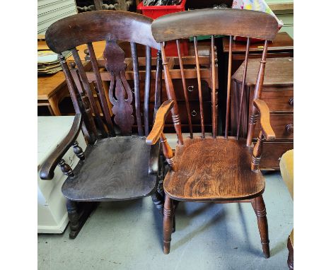 A 19th century lathe back rocking armchair; a 19th century stick back armchair 