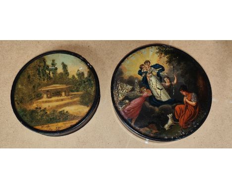 A 19th century patch box decorated with a scene of Napoleon's tomb, 9cm; another with religious scene, 10.5cm 