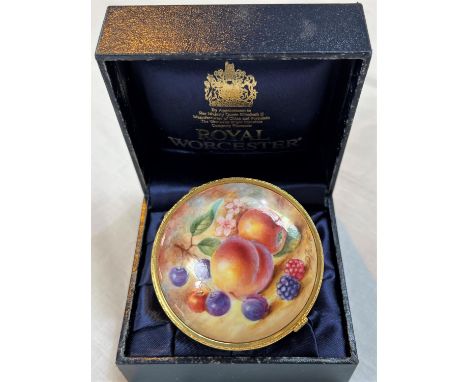 A Royal&nbsp;Worcester hand painted covered pot, limited edition, in red and gilt, decorated with fruit outside and inside 
