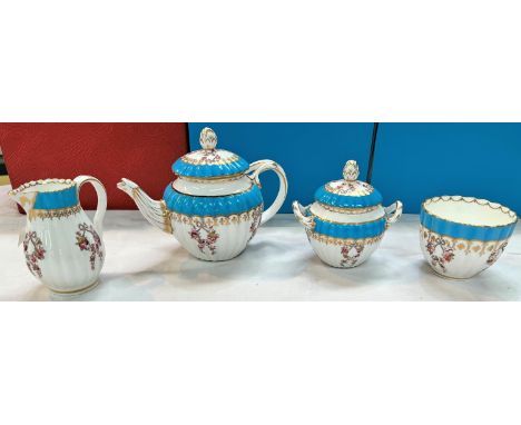 A late 19th century bachelor's 4 piece tea service:&nbsp; teapot, sucrier, milk and slop bowl, gilt and blue decoration with 