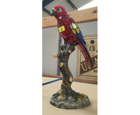 A leaded glass parrot lamp on composition base, 44cm 