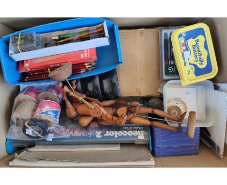 A large selection of artist's materials including 2 easels, brushes, oil crayons, geometry set, papers etc