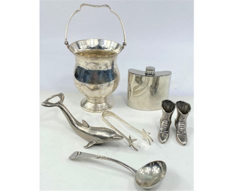 A hallmarked silver small ladle and a selection of plated goods including hip flasks etc 