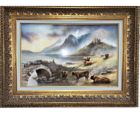 A Bronte Ceramic large hand painted plaque depicting highland cattle with loch and bridge, signed T Young LXII, 29 x 45cm, gi