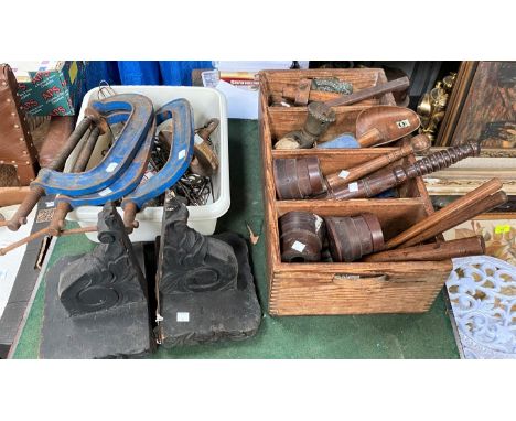 Two turned wood truncheons; a set of vintage tools; a sash clamp; 3 'G' clamps; etc. 