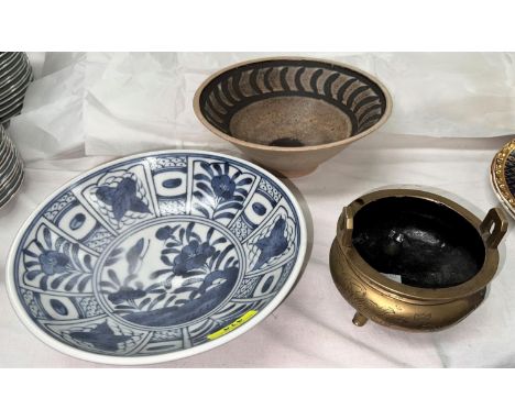 A Chinese blue and white pedestal bowl, diameter 24cm; a Brass Chinese Censor with seal mark to base, diameter 12cm and a Stu