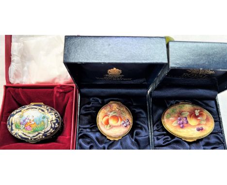 Two Kingsley Worcestershire hand painted enamels of fruit, signed S Smith; a Staffordshire hand painted limited edition ename