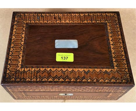 A Rosewood and Tumbridgeware sewing box with mother of pearl inlay 