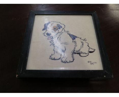 After Cecil Aldin. A Decorated Tile. Signed and sketched with a puppy. 12cm square. Framed. A crack to the left of the image 