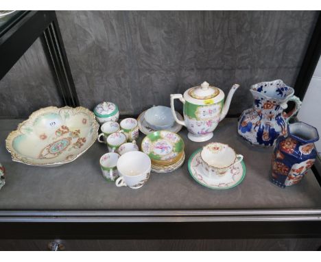 A Masons Ironstone jug, Imari vase, tea wares including Minton and famille-rose teapot 