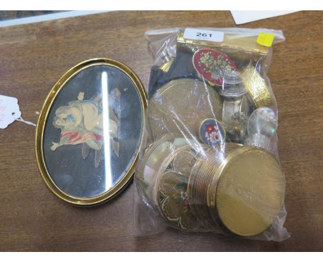 A collection of compacts, small trinket boxes, a Halcyon Days enamel box, a brooch and  a framed oval print 