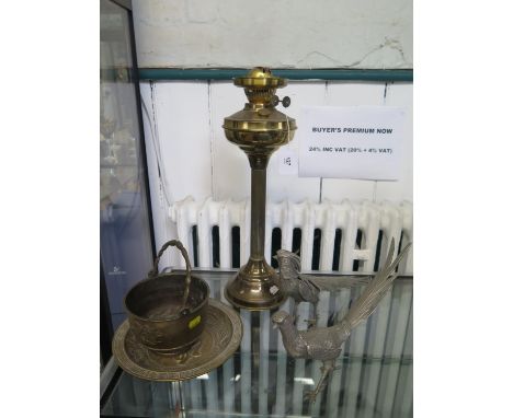 A brass column table lamp 48cm, pair of metal pheasants, a brass bowl and a brass dish 