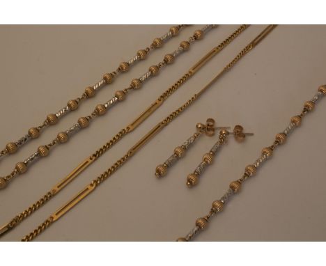 A 9 carat gold neck chain in the form of a fetter and bar links and a white yellow metal necklace, bracelet and earrings, 9.4