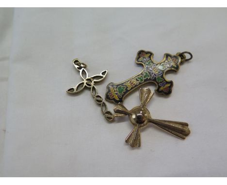 Two 9 carat gold cross 12g and an enamel cross on metal