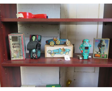 Tinplate clockwork toys including Yone Coffin Bank money-box, Chinese JMT.36 Robot and Paya Bugatti in original boxes (3) 