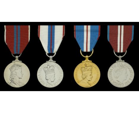 Coronation 1953; Jubilee 1977; Jubilee 2002; Jubilee 2012, all unnamed as issued, the first, third, and fourth in card boxes 