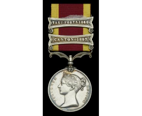 China 1842, 2 clasps, Canton 1857, Taku Forts 1860 (*** George Welsh, H.M.S. Hyacinth. ****) original suspension replaced wit