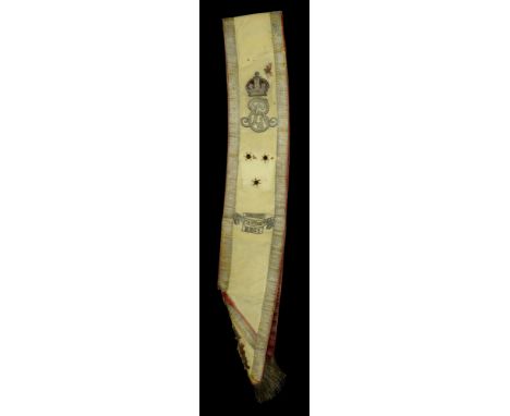 A North Staffordshire Regiment Drum Major’s Sash. A scarce Drum Major’s sash c.1902-11, silvered embroidered E.VII.R. Cypher 