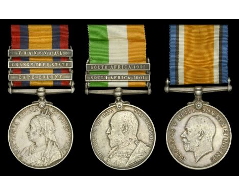 Three: Gunner R. W. Holcombe, Royal Garrison Artillery    Queen’s South Africa 1899-1902, 3 clasps, Cape Colony, Orange Free 