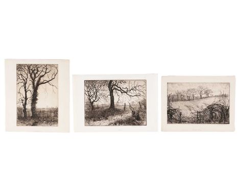 Isabel Codrington(1874-1943)"March", "A Quiet Evening" and "The Broken Hedge",signed,etching,paper largest 41 x 28.5cms, unfr