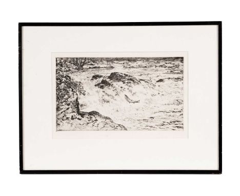 David T. Robertson(1886-1944)"Salmon Leap",unsigned,etching,18.5 x 32cms, frame 38.5 x 51.5cms.