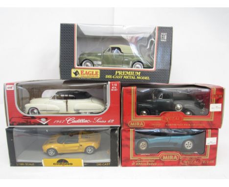 Five assorted 1:18 scale diecast model vehicles, comprising Chrono H1020 Lotus Elise 1997 "Norfolk Mustard" (one wing mirror 