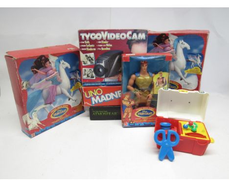 A group of mixed toys and games to include boxed Mattel Disney Hercules action figure (split to box window) and two Magic Win