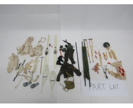 A collection of vintage playworn Palitoy / Hasbro Action Man accessories and clothing inlcuding Ski Patrol, Medic and British