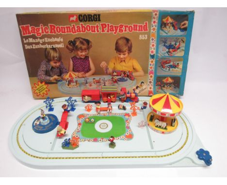 A boxed Corgi 853 Magic Roundabout Playground, comprising musical track base with various figures, Mr Rusty's Train (one coup