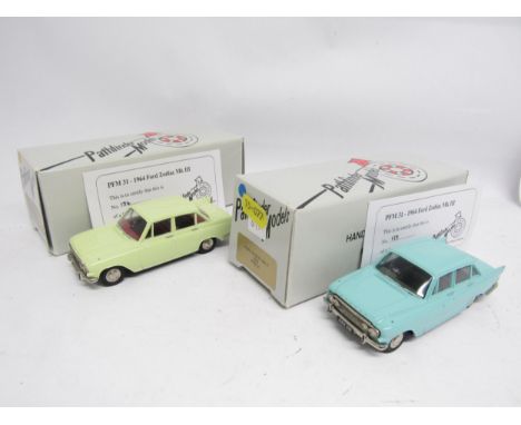 Two limited edition Pathfinder Models 1:43 scale diecast PFM31 1964 Ford Zodiac Mk 3 cars, one in turquoise with dark green i