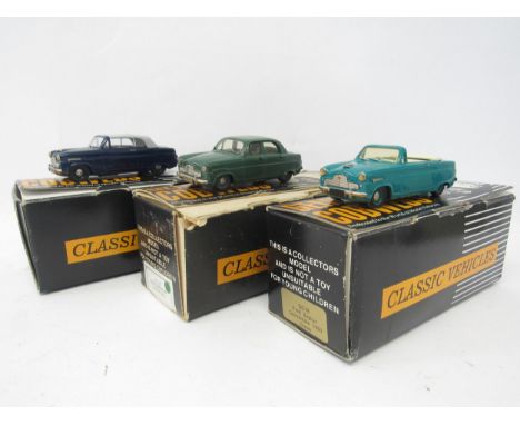 Three boxed Gems &amp; Cobwebs 1:43 scale diecast model cars to include GC18 1950 Ford Zephyr Convertible in green, GC18B 195