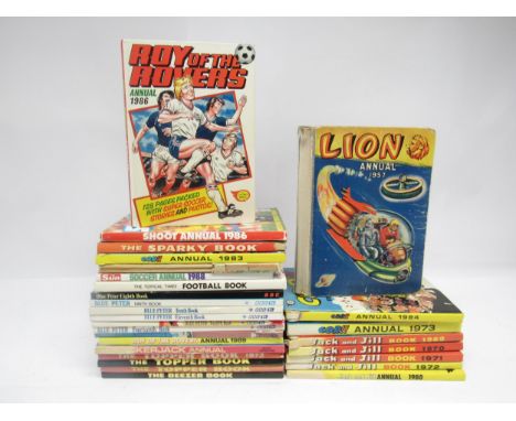 A collection of vintage annuals including 1957 Lion, Roy of the Rovers, Shoot, Blue Peter, Rupert The Bear etc