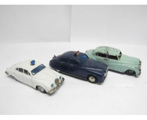 Three playworn vintage toy cars to include Lincoln International (Hong Kong) battery operated plastic Jaguar police car, Ichi