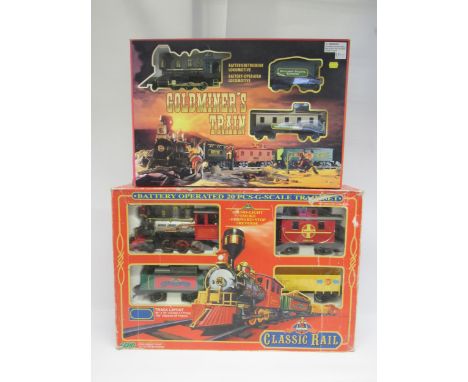 Two boxed battery operated train sets to include Echo G scale Classic Rail set and Density Goldminer's Train (2)