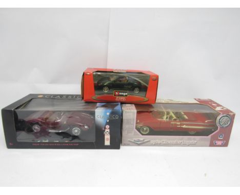 Three boxed diecast model cars to include Motor Max 1:18 scale 1960 Chevrolet Impala, Shell Classic 1:18 scale 1958 Ferrari 2
