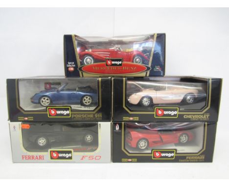 Four boxed Burago 1:18 scale diecast model cars, comprising 3352 Ferrari F50 (1995), 3004 Ferrari Testarossa (1984), 3024 Che