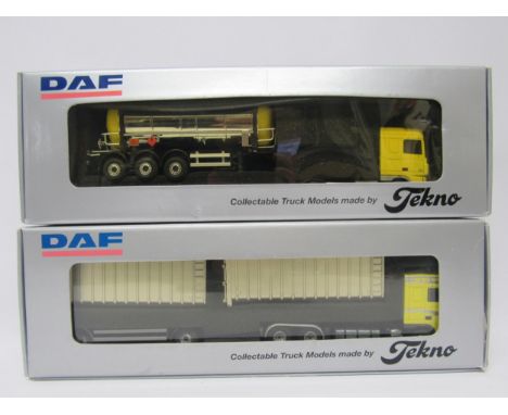 Two boxed Tekno 1:50 scale diecast model DAF heavy haulage trucks to include M002603 tanker (sellotape to box and dent to box