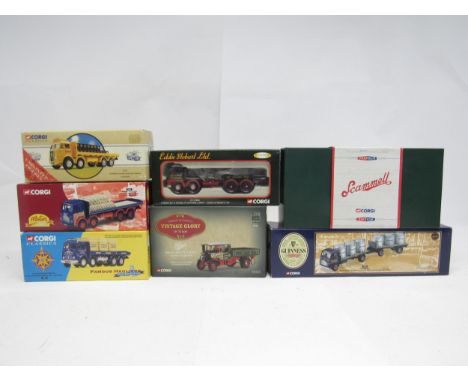 A collection of Corgi 1:50 scale diecast commercial vehicles including 26201 Albion Caledonian Platform Lorry &amp; Sacks 'T.
