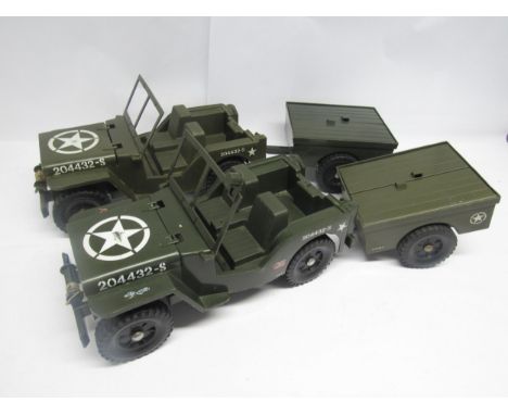 Two vintage Action Man military Jeep vehicles with trailers